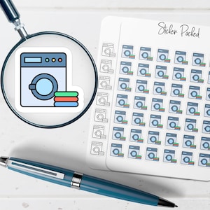 May include: A sticker sheet with multiple laundry-themed stickers. The main sticker, magnified by a magnifying glass, features a washing machine and folded towels. The sheet also includes smaller, repeating washing machine stickers. The words "Sticker Packed" are written on the sheet.