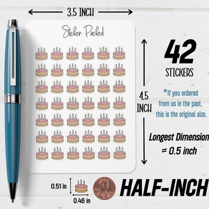 May include: A sheet of 42 stickers featuring small, pink and yellow birthday cakes with lit candles. The sticker sheet is 3.5 inches wide and 4.5 inches tall. The longest dimension of each sticker is approximately 0.5 inch.