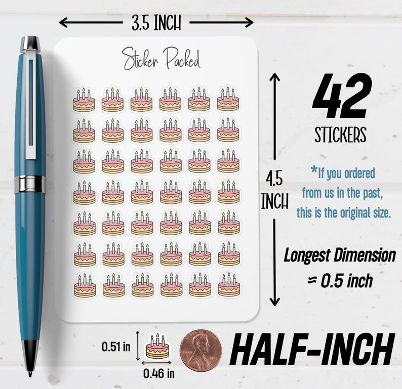 May include: A sheet of 42 stickers featuring small, pink and yellow birthday cakes with lit candles. The sticker sheet is 3.5 inches wide and 4.5 inches tall. The longest dimension of each sticker is approximately 0.5 inch.