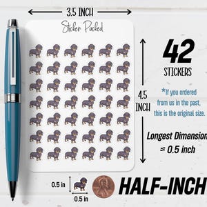 May include: A sheet of 42 dachshund stickers, each approximately 1.3 cm in size. The stickers are arranged on a white background, with the text "Sticker Packed" at the top. The sheet is 8.9 cm wide and 11.4 cm tall.