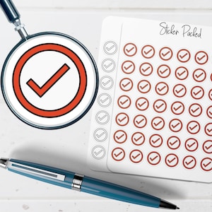 May include: A sheet of stickers with red checkmarks inside of a red circle, and the text "Sticker Packed". A blue pen and a magnifying glass with a checkmark are also in the image.