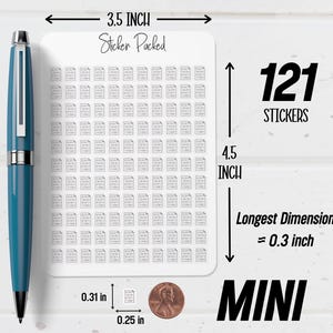 May include: A sheet of mini stickers with a binary code design. The sheet is 3.5 inches wide and 4.5 inches tall, containing 121 stickers. Each sticker is approximately 0.3 inches in its longest dimension. The text "Sticker Packed" and "MINI" are also visible.