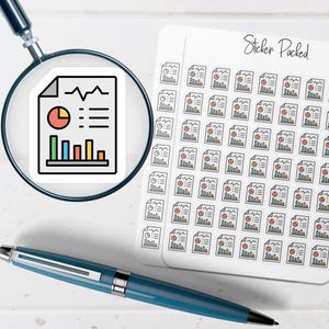 May include: A sheet of stickers with a repeating design of a document with a chart, pie chart, and lines. The stickers are white with black, red, green, and yellow details. A blue pen and magnifying glass are also in the image. The text "Sticker Packed" is on the sheet.