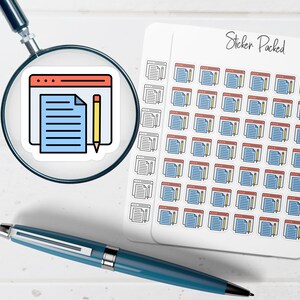 May include: A sheet of stickers with a repeating design of a computer screen with a document and pencil. The stickers are white with a black outline. The text "Sticker Packed" is written in black script. A blue pen and magnifying glass are also in the image.