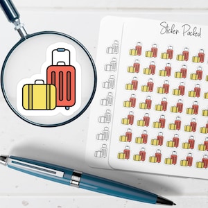 May include: A sheet of stickers with a travel theme. The stickers feature a yellow suitcase and a red rolling suitcase. The words "Sticker Packed" are written on the sheet. A magnifying glass and a blue pen are in the image.