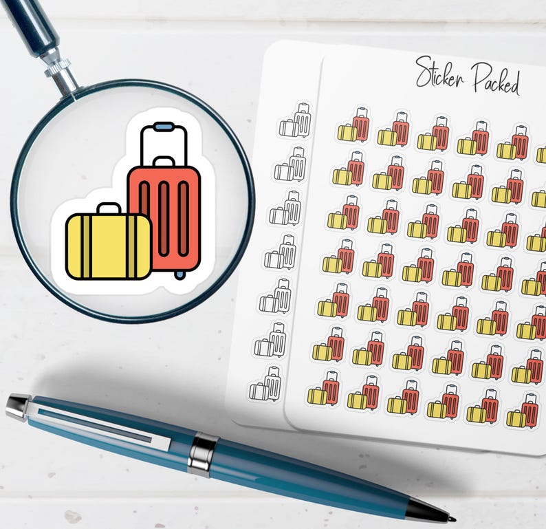 May include: A sheet of stickers with a travel theme. The stickers feature a yellow suitcase and a red rolling suitcase. The words "Sticker Packed" are written on the sheet. A magnifying glass and a blue pen are in the image.