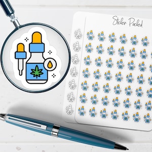May include: A sheet of stickers with a blue and yellow dropper bottle design, a magnifying glass, and a pen. The dropper bottle sticker has a cannabis leaf and a drop of oil. The sheet of stickers has the text "Sticker Packed".