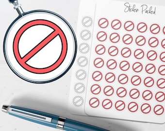 May include: A magnifying glass focuses on a red "no" symbol, with a sheet of stickers featuring the same symbol. A blue pen rests below. The stickers are labeled "Sticker Packed".