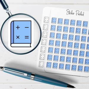 May include: A sheet of stickers with blue book illustrations, each featuring math symbols. A magnifying glass focuses on a single sticker. A blue pen is also in the image. The text "Sticker Packed" is visible.