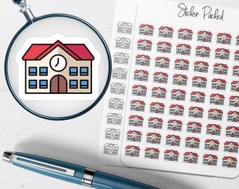 May include: A sheet of stickers featuring a schoolhouse design with a red roof, clock, and windows. The stickers are white with a black outline. The words "Sticker Packed" are written in black script.