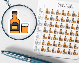 May include: A sticker sheet with a repeating pattern of whiskey bottles and glasses. The stickers are orange, black, and white. A magnifying glass shows a sticker of a whiskey bottle and a glass. A blue pen is in the foreground.