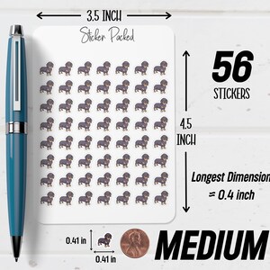May include: A sheet of 56 medium-sized dachshund stickers. The stickers are 1.04 cm in size and feature a brown and black dachshund. The sticker sheet is 8.89 cm wide and 11.43 cm tall. The text "Sticker Packed" is at the top.