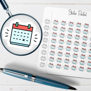 May include: A magnifying glass focuses on a calendar sticker with a red top and blue frame. A sheet of calendar stickers and a blue pen are also visible. The sheet of stickers has the text "Sticker Packed".
