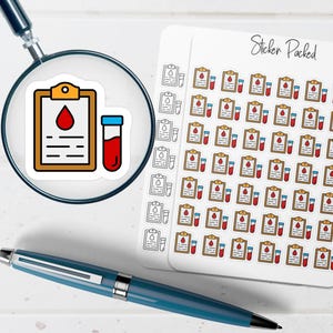 May include: A sticker sheet with the text "Sticker Packed" and multiple stickers featuring a clipboard with a blood drop and a test tube. A magnifying glass and a blue pen are also in the image.