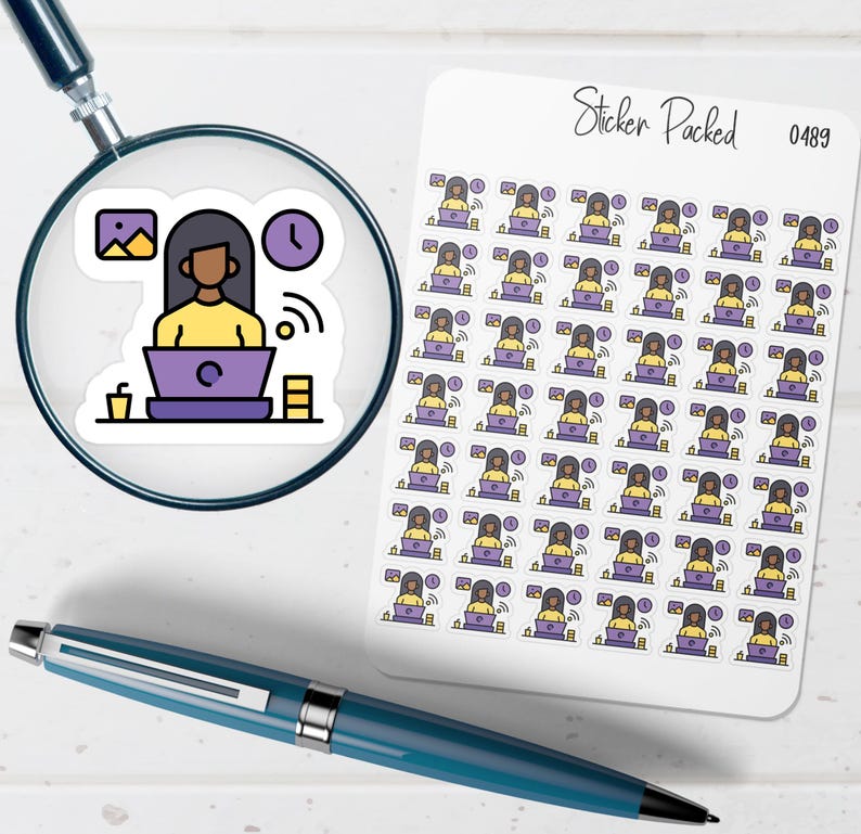May include: A sheet of stickers featuring a woman working on a laptop, with icons for images, time, and Wi-Fi. The stickers are in a cartoon style with yellow, purple, and brown colors. The sheet is labeled "Sticker Packed 0489".