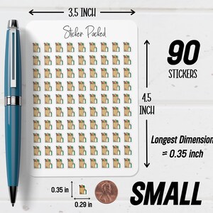 May include: A sheet of 90 small stickers, each featuring a brown paper grocery bag with green and red produce. The sticker sheet is 3.5 inches wide and 4.5 inches tall. The longest dimension of each sticker is 0.35 inches. The text "Sticker Packed" is at the top.
