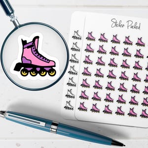 May include: A pink and purple roller skate sticker is magnified by a magnifying glass. A sheet of stickers with the text "Sticker Packed" features multiple pink roller skate stickers. A blue pen is in the foreground.