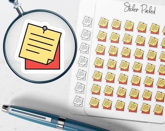 May include: A yellow sticky note sticker with black lines and a red backing is magnified by a magnifying glass. A sheet of stickers with the text "Sticker Packed" and many similar sticky note stickers is also visible. A blue pen is in the foreground.
