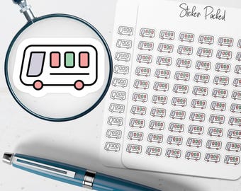 May include: A sheet of stickers with a bus design, featuring a black outline with pink, green, and purple accents. The stickers are on a white background, with the words "Sticker Packed" in cursive. A blue pen and a magnifying glass are also in the image.