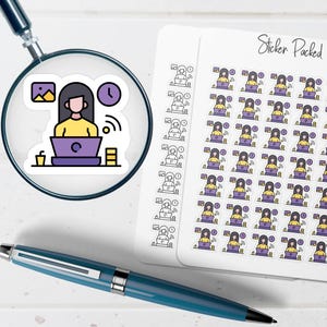 May include: A sheet of stickers with a woman working on a laptop, with icons of a picture, a clock, and a coffee cup. The stickers are labeled "Sticker Packed". The stickers are in a variety of sizes.