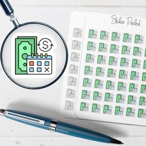 May include: A sticker sheet with the text "Sticker Packed" and multiple stickers featuring money, a calendar, and a dollar sign. A magnifying glass and a blue pen are in the image.