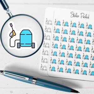 May include: A sheet of stickers with a blue and black gas pump design, and a sheet of stickers with a blue and black vacuum cleaner design. The text "Sticker Packed" is written in black script.