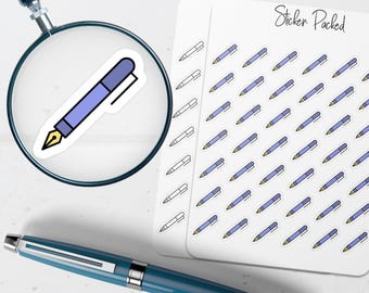 May include: A blue pen sticker is magnified by a magnifying glass. A sheet of pen stickers is to the right, with the words "Sticker Packed" in cursive. A blue pen is at the bottom of the image.