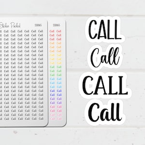 May include: White stickers with the word "CALL" in various fonts. Two sheets of stickers are labeled "Sticker Packed" and "SS0065", with rows of the word "Call" in different colors. The stickers are on a white background.