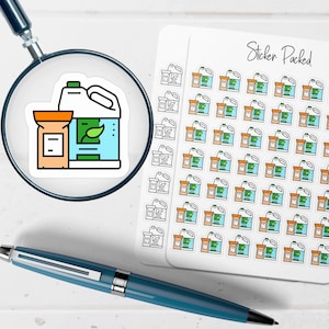 May include: A sticker sheet labeled Sticker Packed featuring multiple small illustrations of a light blue jug and an orange container. A magnifying glass enlarges one set of these containers, and a blue pen lies horizontally below the sticker sheet.