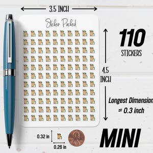 May include: A sheet of 110 mini stickers, each depicting a brown paper bag with groceries. The sheet measures 3.5 inches wide and 4.5 inches tall. The longest dimension of each sticker is approximately 0.3 inches. The text "Sticker Packed" is at the top.