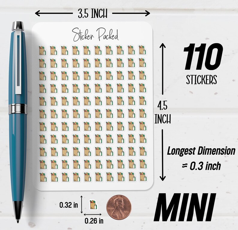 May include: A sheet of 110 mini stickers, each depicting a brown paper bag with groceries. The sheet measures 3.5 inches wide and 4.5 inches tall. The longest dimension of each sticker is approximately 0.3 inches. The text "Sticker Packed" is at the top.