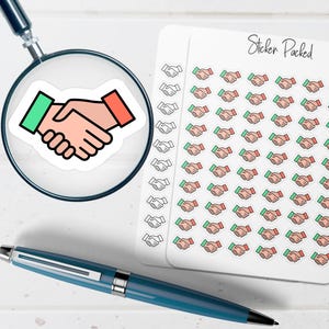 May include: A sheet of stickers with a handshake design, in green and red, with the text "Sticker Packed". A magnifying glass shows a close-up of the handshake sticker. A blue pen is in the foreground.