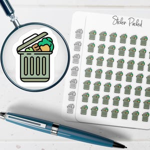 May include: A sticker sheet with the text "Sticker Packed" and multiple stickers of a trash can with food waste. A magnifying glass shows a close-up of a single trash can sticker. A blue pen is in the foreground.