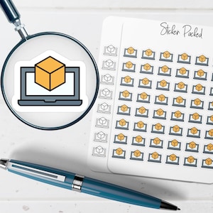 May include: A sticker sheet with multiple stickers featuring a laptop with a yellow cube on the screen. The stickers are arranged on a white background. A magnifying glass and a blue pen are also in the image.