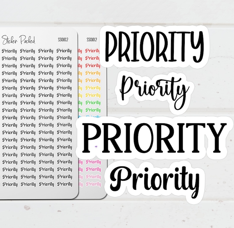 Priority Planner Sticker Main Listing Image. An example of the word sheet is to the left, with a variety of different script fonts to choose from on the right.