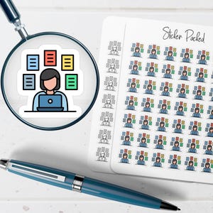 May include: A sheet of stickers labeled "Sticker Packed" featuring a design of a person working on a laptop with colorful file icons. A magnifying glass focuses on a single sticker. A blue pen is in the foreground.
