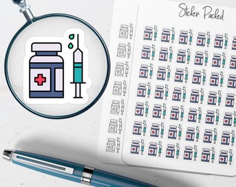 May include: A sticker sheet with medical-themed stickers. The stickers include a jar with a red cross, a syringe, and a sheet of stickers with the text "Sticker Packed". The stickers are in blue, white, and teal.