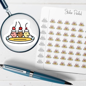 May include: A sticker sheet with multiple ice cream sundae stickers. Each sundae has three scoops of ice cream, a cherry on top, and is served in a boat-shaped dish. The text "Sticker Packed" is visible on the sheet.
