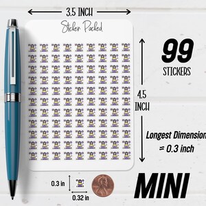 May include: A sheet of 99 mini stickers, each featuring a person at a computer. The stickers are 0.32 inches wide and 0.3 inches in the longest dimension. The sheet is 3.5 inches wide and 4.5 inches tall. Text on the sheet reads "Sticker Packed" and "MINI".