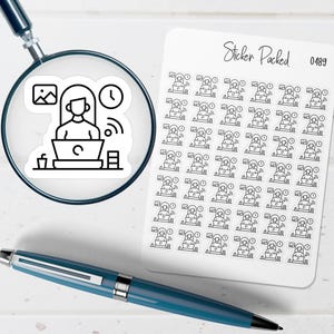 May include: A sheet of white stickers with a black and white illustration of a person working on a laptop. The stickers are labeled "Sticker Packed" and have the number "0489". A magnifying glass and a blue pen are also in the image.