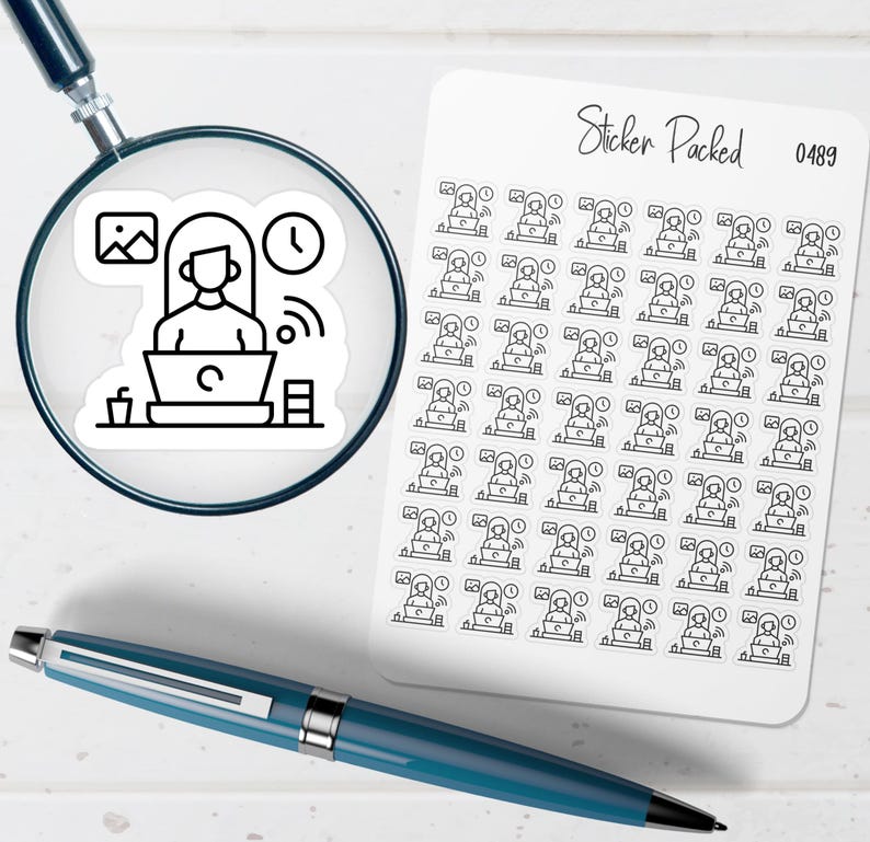 May include: A sheet of white stickers with a black and white illustration of a person working on a laptop. The stickers are labeled "Sticker Packed" and have the number "0489". A magnifying glass and a blue pen are also in the image.