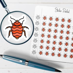 May include: A collection of stickers featuring a cartoon insect design in orange, black, and white. The stickers are on a white background, with a magnifying glass and a blue pen in the image. The text "Sticker Packed" is visible.