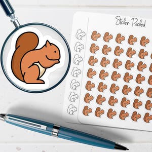 May include: A sheet of squirrel stickers with a cartoon squirrel design. The stickers are brown with black outlines and are arranged in rows. A magnifying glass shows a single sticker. A blue pen is in the foreground.
