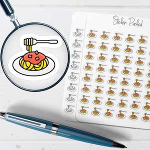 May include: A sheet of stickers featuring a cartoon image of spaghetti with red sauce and a fork. The stickers are white with a black outline. The text "Sticker Packed" is written in black script on the sheet.