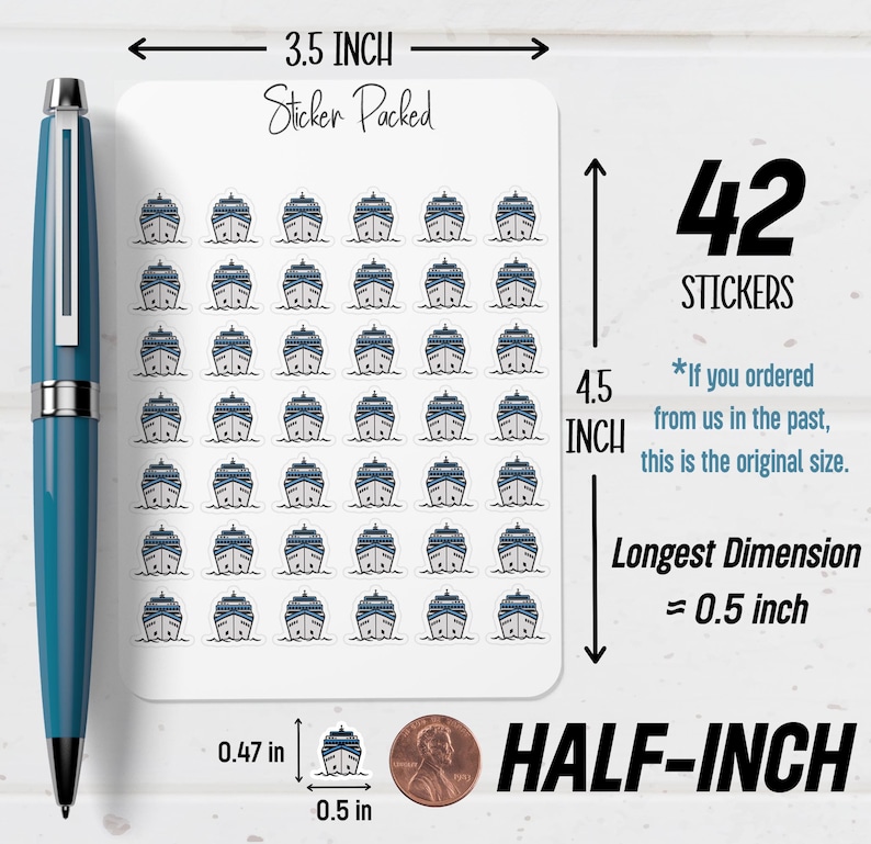 Peut inclure: Une planche de 42 autocollants, chacun avec un motif de paquebot. La feuille mesure 8,89 cm sur 11,43 cm. La plus grande dimension de chaque autocollant est d'environ 1,27 cm. Le texte "Sticker Packed" est visible.