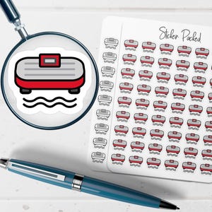 May include: A sheet of stickers featuring a red and gray toaster design with a wavy line below. The stickers are arranged on a white background, with the words "Sticker Packed" in cursive.