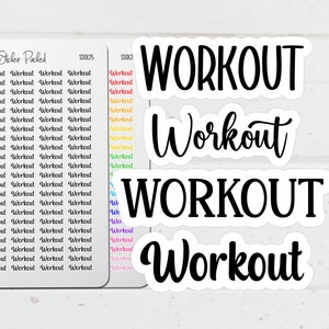 May include: A sheet of white stickers with the word "WORKOUT" in a black, bold, handwritten font. The stickers are for planners and include the word "Workout" in various sizes and colors. The stickers are for fitness and exercise.