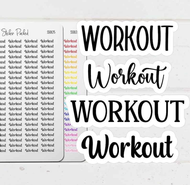 Workout Planner Sticker Main Listing Image. An example of the word sheet is to the left, with a variety of different script fonts to choose from on the right.