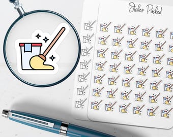 May include: A sheet of stickers with a cleaning theme. The stickers feature a bucket and mop design in yellow, blue, red, and black. The words "Sticker Packed" are written on the sheet. A magnifying glass and a blue pen are in the image.
