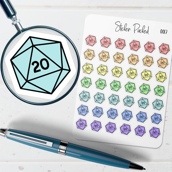 D20 Dice Planner Stickers Game Dice Planner Sticker Dungeons Dragons and Dice Stickers for Planners 20 Sided Dice Game Night Stickers